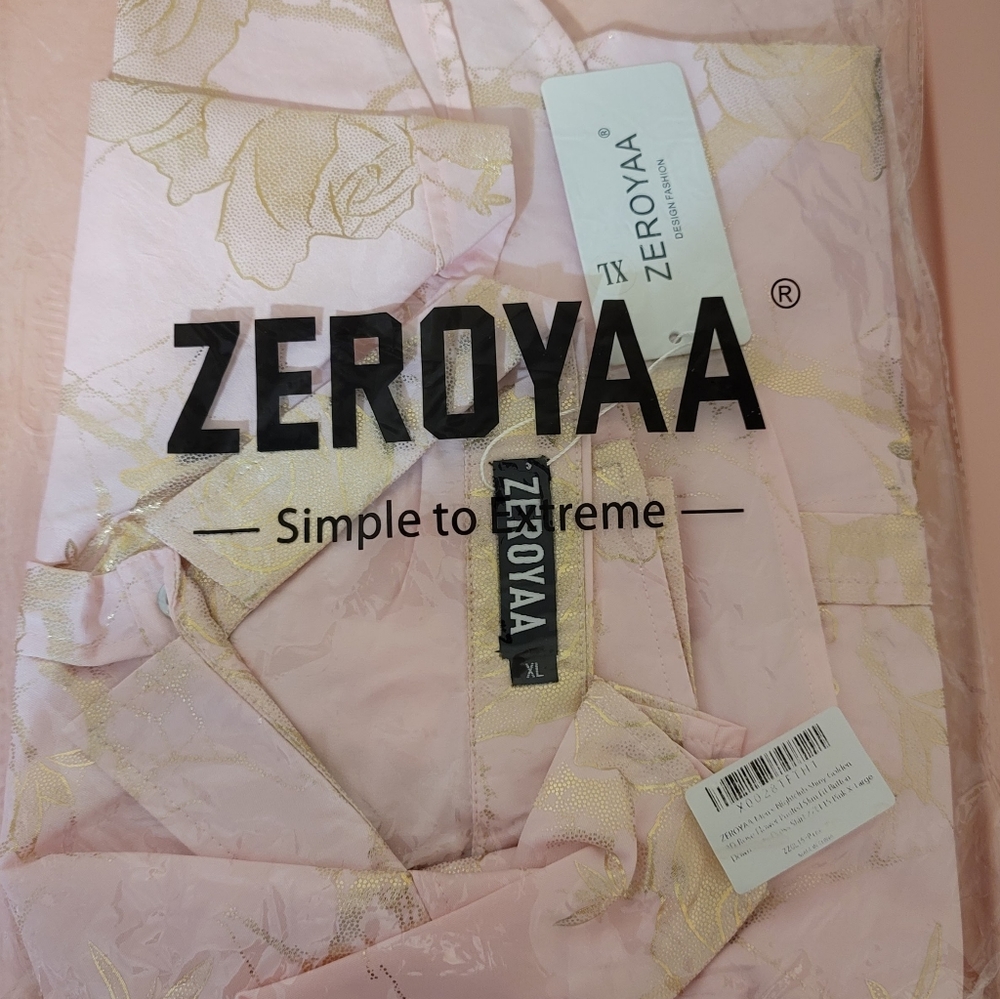 Zeroyaa men’s nightclub shiny golden 3D rose flower printed slim fit button-down